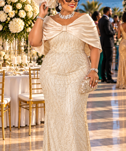 "Church To Cocktail" Beige Beaded Embellished Bow-Knot Capelet Mermaid Evening Dress for Mother of The Groom Wedding Guest Cocktail Reception Plus Size