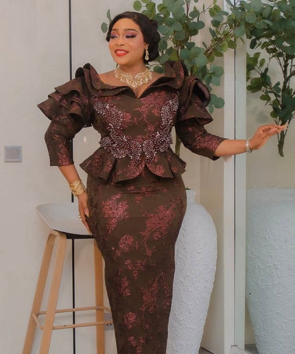 Purple Brocade Beaded Ruffle Sleeve Peplum Dress - Mother of The Bride Celebrant Birthday Party Formal Evening Outfit