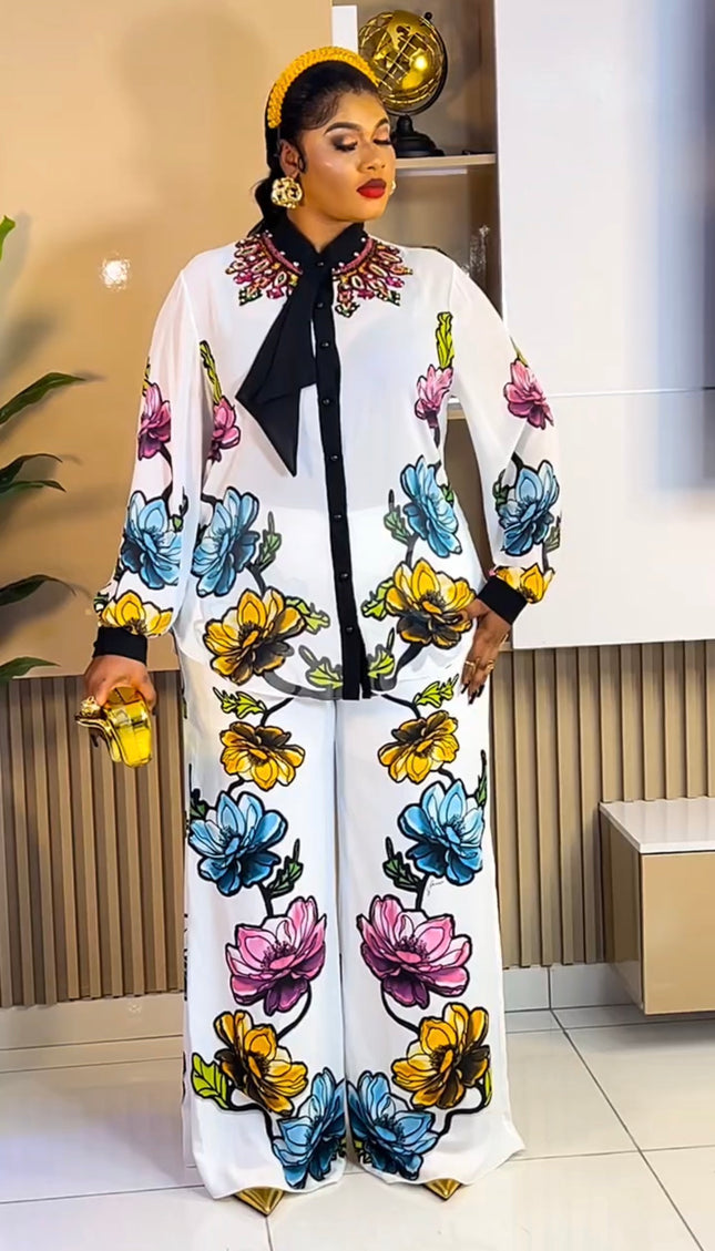 Savvy White Floral Bead-Embellished Embroidery 2-Piece Pants Set for Party Graduation Wedding Guest Birthday Dinner