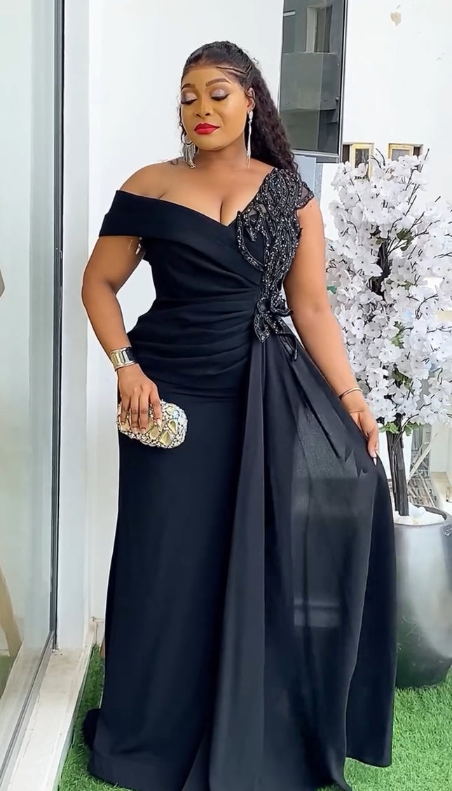 Black One-Shoulder Embellished Mother of The Bride Mermaid Dress Side Slit and Drape, Mother of The Bride Maxi Gown Party Birthday Dinner Celebrant Worthy