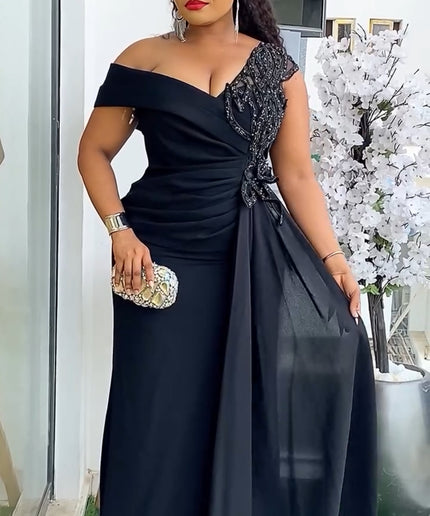Black One-Shoulder Embellished Mother of The Bride Mermaid Dress Side Slit and Drape, Mother of The Bride Maxi Gown Party Birthday Dinner Celebrant Worthy