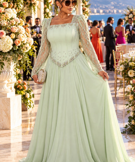 "Ready For The Spotlight" Beige Crystal-Embellished Mother of The Bride A-Line Dress Wedding Guest Celebrant Birthday Holiday Cocktail Reception Party Floor-Length Formal Evening Gown Plus Size