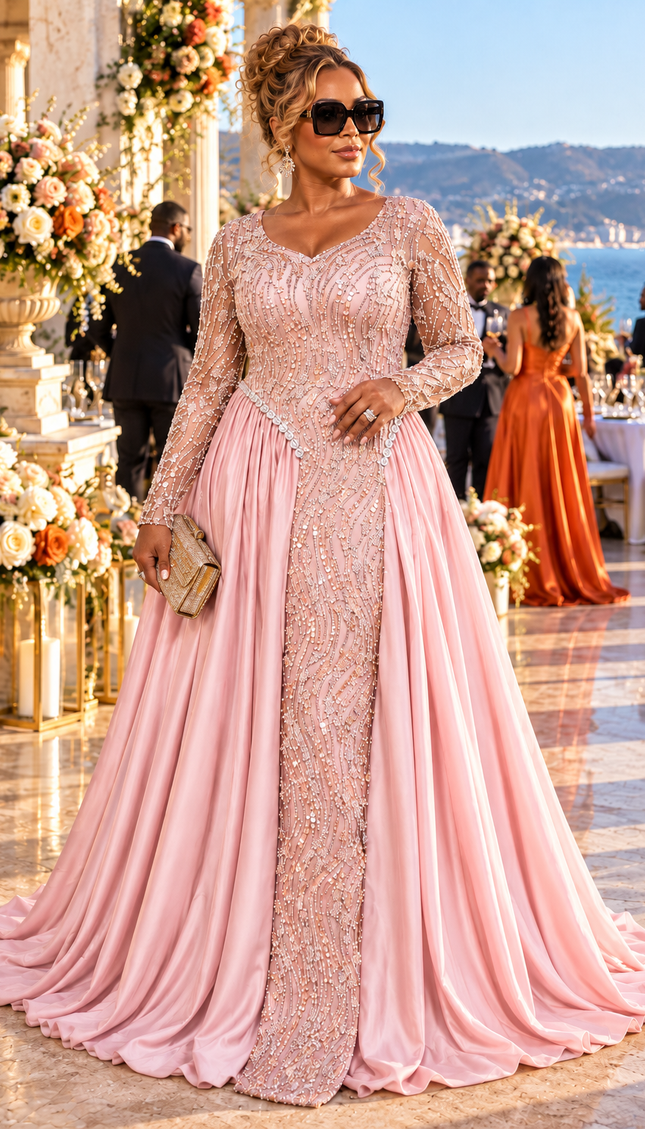 "Watch Me Walk In" Beige Sequin Beaded Draped Maxi Dress Wedding Guest Mother of The Bride Cocktail Reception Celebrant Birthday Party Formal Evening Gown Plus Size
