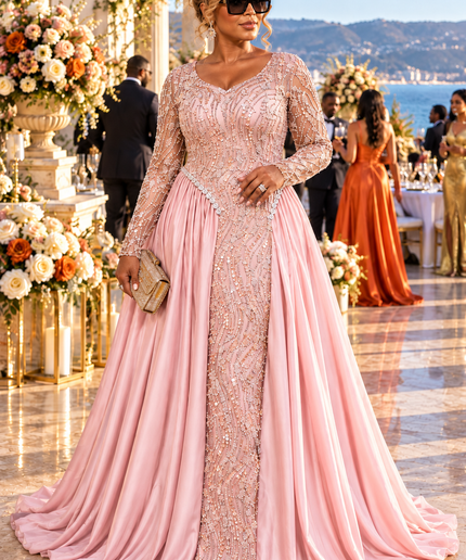 "Watch Me Walk In" Beige Sequin Beaded Draped Maxi Dress Wedding Guest Mother of The Bride Cocktail Reception Celebrant Birthday Party Formal Evening Gown Plus Size