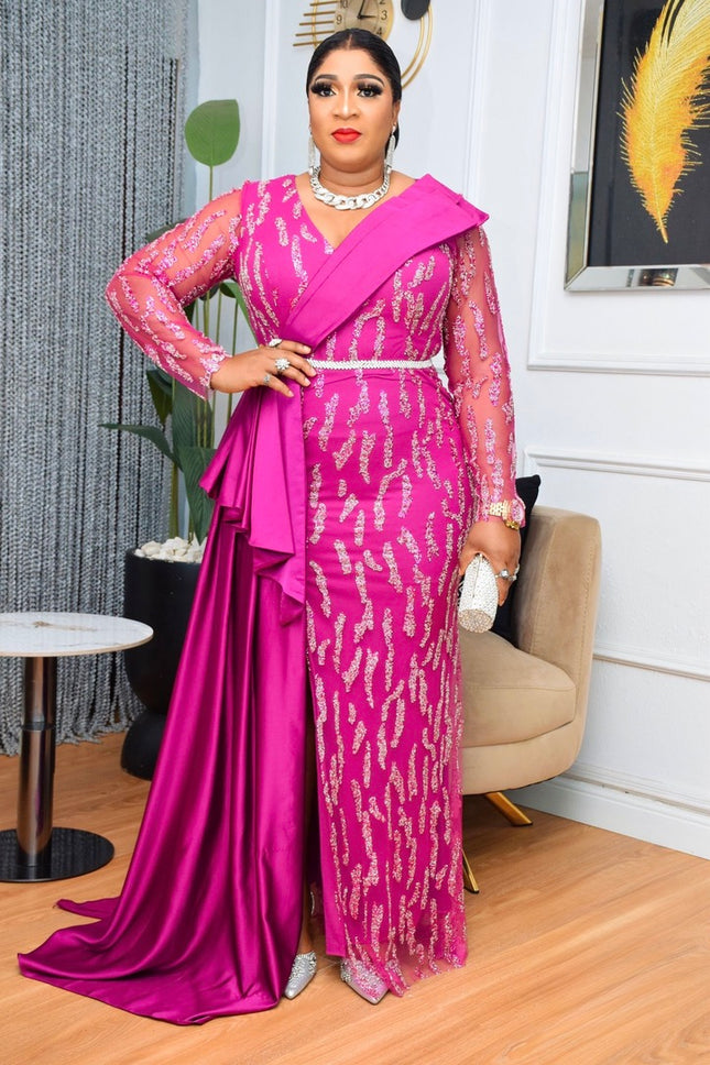 Plus Size Fuchsia Embellished Mother of The Bride Gown Side Slit Drape Wedding Guest Dress Birthday Cocktail Bridal Dinner Photoshoot
