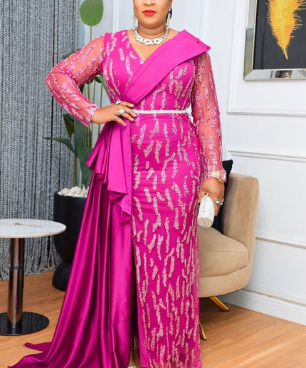 Plus Size Fuchsia Embellished Mother of The Bride Gown Side Slit Drape Wedding Guest Dress Birthday Cocktail Bridal Dinner Photoshoot