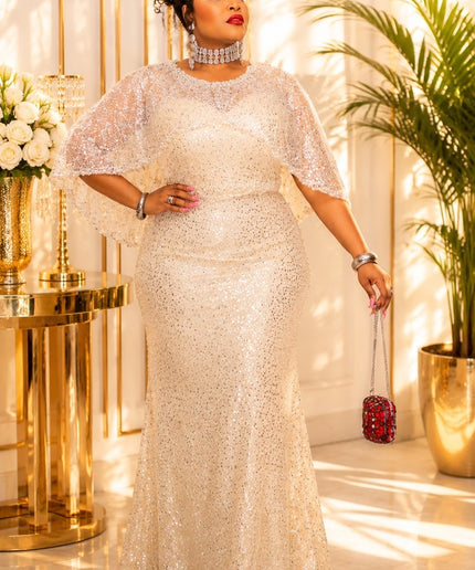 Dressed To Dazzle Brown Sequin Embellished Cape Formal Evening Gown for Bridal Photoshoot Cocktail Reception Wedding Guest Mother of The Bride Celebrant Birthday Party