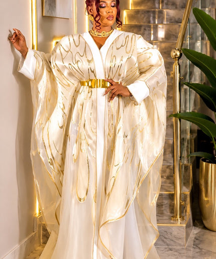 Luxury White & Gold Brocade Kaftan Maxi Dress, African Bubu Wedding Guest Attire Mother of The Groom Birthday Party 2-Piece Outfit