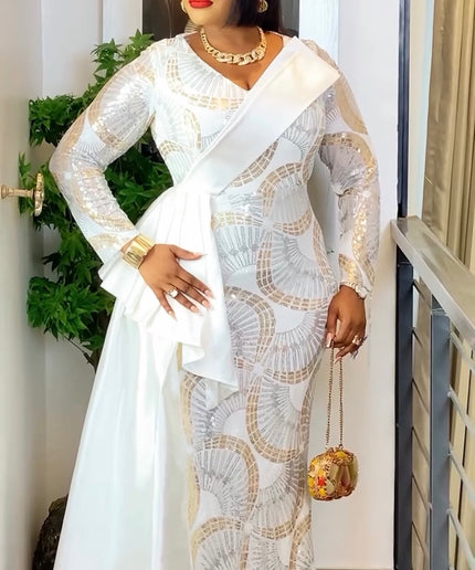 Classy White Sequin Draped Maxi Dress: Wedding Guest Attire Mother of The Bride Gown Birthday Party Outfit