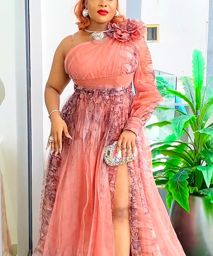 One Shoulder Tulle A-Line Maxi Gown with Slit, Mother of The Bride Plus Size Blue Summer Wedding Guest Gown Birthday Party Cocktail Gala
