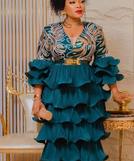 White and Gold Sequin Party Dress, Tiered Waterfall Ruffles Long Maxi Plus Size Mother of The Bride Gown, Cocktail Graduation Dinner Gala