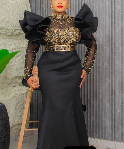 Dramatic Sleeve Embellished Evening Gown| Wedding Guest Bridal Mother of The Bride Birthday Party