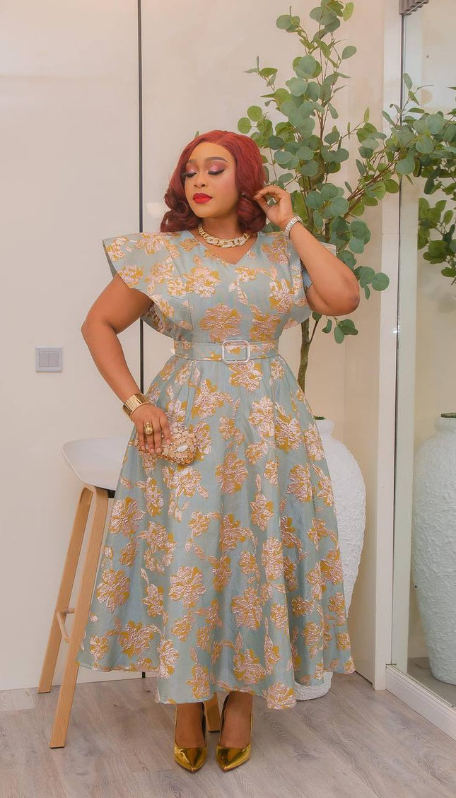 Metallic Floral Jacquard Flare Sleeve Twirl Skater Dress