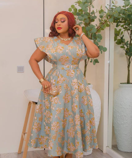 Metallic Floral Jacquard Flare Sleeve Twirl Skater Dress