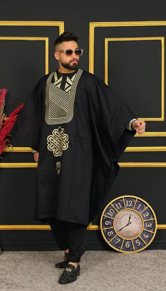 African Men's Traditional Wedding Attire, Embroidered Agbada Pants & Shirt Cotton 3-Piece Set, Groom Groomsmen Outfit Graduation Birthday Party