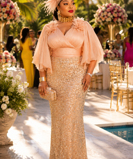 "Golden Hour Glam" Sequin Flare Sleeve Floral Maxi Dress for Mother of The Groom Bridal Photoshoot Formal Evening Gown Special Occasion Plus Size