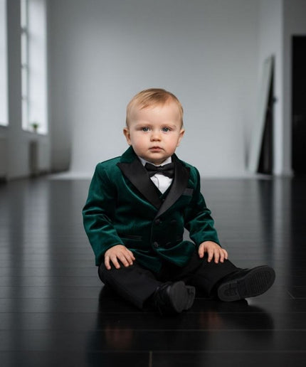 Baby Boys' White Velvet Shawl Lapel Tuxedo Suit, Bow Tie 5-Piece Set: Wedding Ring Bearer Baptism Birthday Party Graduation Photoshoot