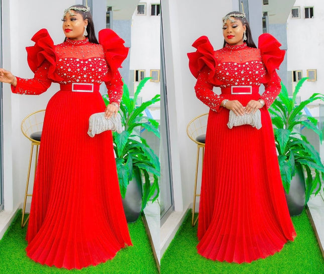 Dramatic Ruffle Sleeve Embellished Maxi Gown