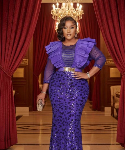Purple Sequin Ruffle Mermaid Dress Wedding Guest Attire Mother of The Bride Birthday Outfit