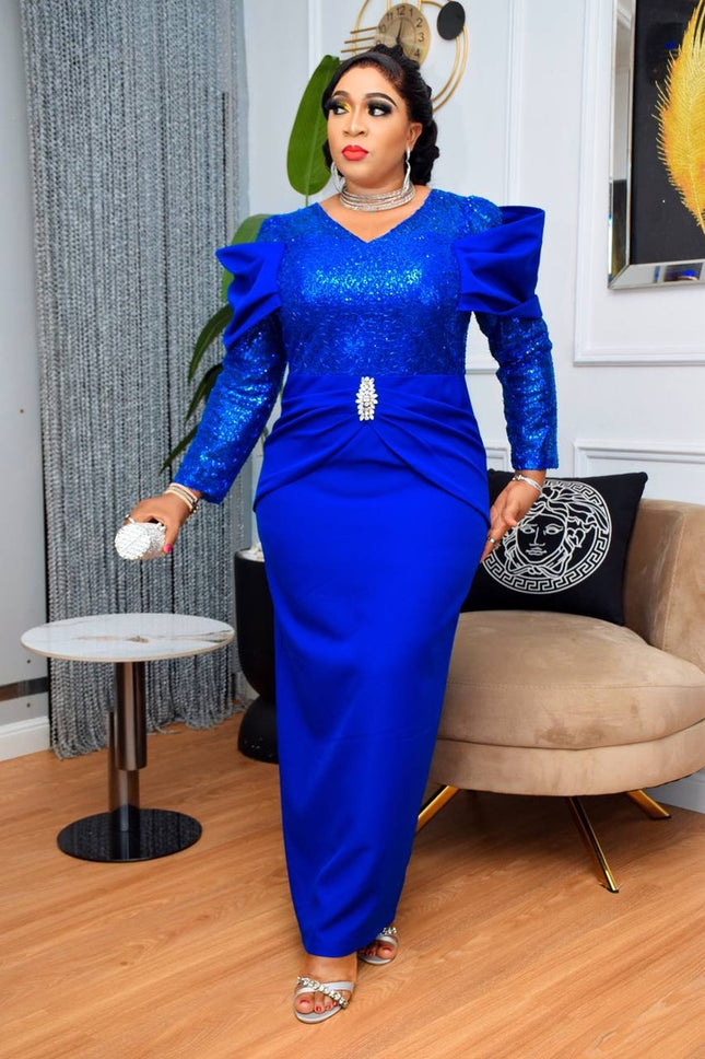 Sequin Pointed Shoulder Maxi Dress | Evening Wear Birthday Party Anniversary Wedding Guest