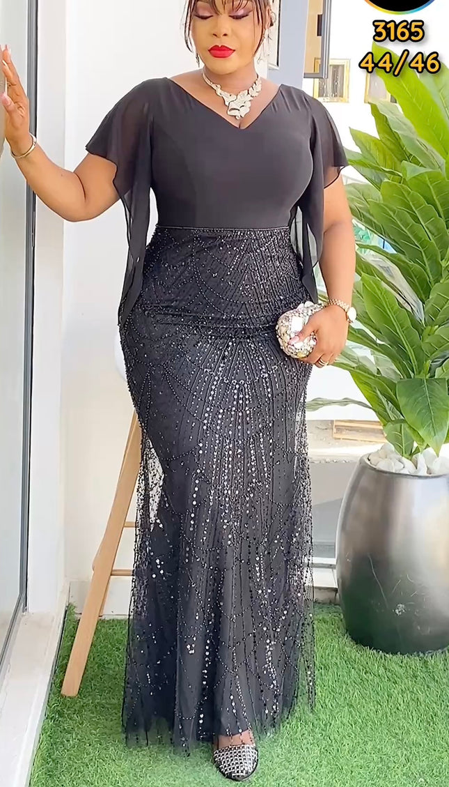 V-Neck Cape Sleeve Embellished Party Dress | Wedding Guest Mother of The Bride Gala Anniversary Birthday