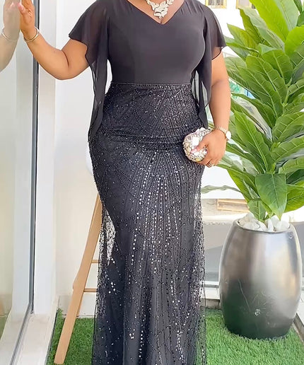 V-Neck Cape Sleeve Embellished Party Dress | Wedding Guest Mother of The Bride Gala Anniversary Birthday