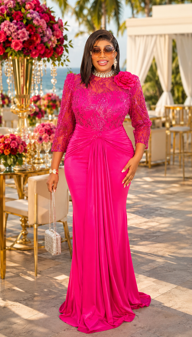 Glamorous Red Beaded Rosette Ruched Draped Dress for Wedding Guest Birthday Party Mother of The Bride Outfit Cocktail Reception Formal Evening Gown