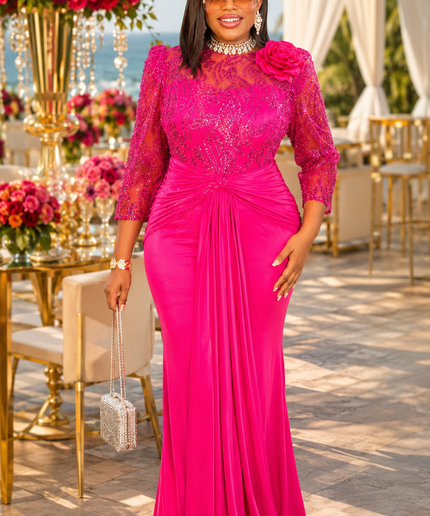 Glamorous Yellow Sequin Embellished 3D Flower Ruched Draped Maxi Dress for Wedding Guest Birthday Party Mother of The Bride Outfit Cocktail Reception Formal Evening Gown Turkish Womenswear
