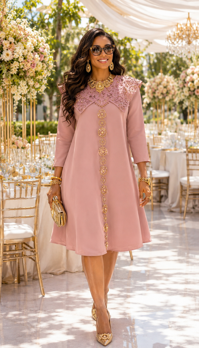 Pretty Rose Pink Embellished Swing Twirl Skater Midi Dress for Birthday Party Wedding Guest Cocktail Reception Anniversary Dinner