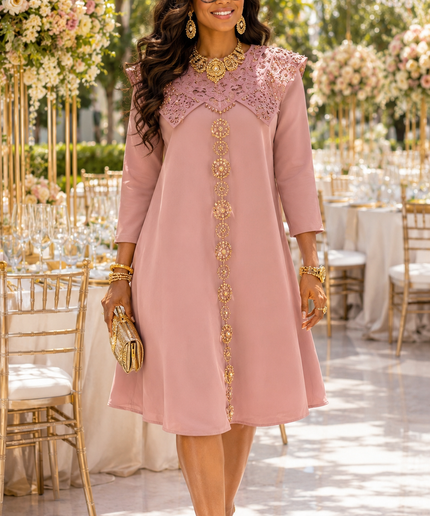 Pretty Rose Pink Embellished Swing Twirl Skater Midi Dress for Birthday Party Wedding Guest Cocktail Reception Anniversary Dinner