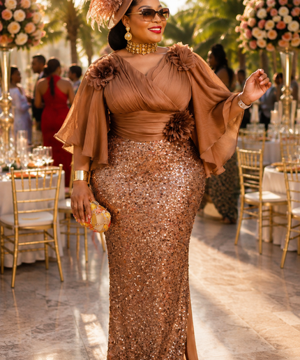 "Golden Hour Glam" Sequin Flare Sleeve Floral Maxi Dress for Mother of The Groom Bridal Photoshoot Formal Evening Gown Special Occasion Plus Size