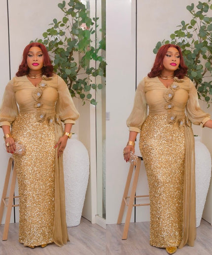 Gold Sequin Embellished Draped Maxi Dress: Wedding Mother of The Bride Cocktail Birthday Party