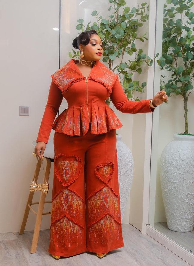 Orange Denim & Diamonds 2-Piece Set, Curvy Stretch Jeans Rhinestone Peplum Top + Wide-Leg Pants, Statement Birthday Outfit