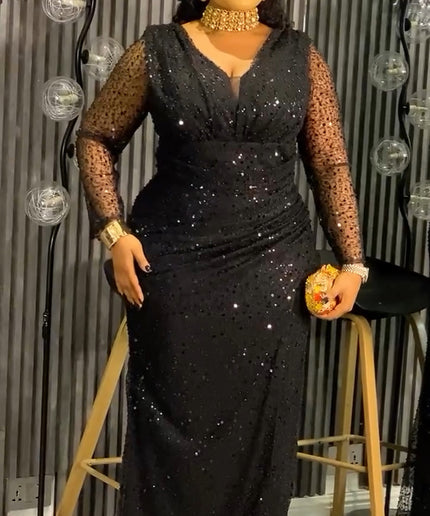 Plus Size Brown Sequin Long Sleeve Maxi Dress - Mother of The Bride Wedding Guest Attire