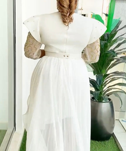 Gold Embroidered Overskirt Midi Dress Mother of The Bride Attire Wedding Guest Outfit Birthday Dinner Photoshoot Cocktail