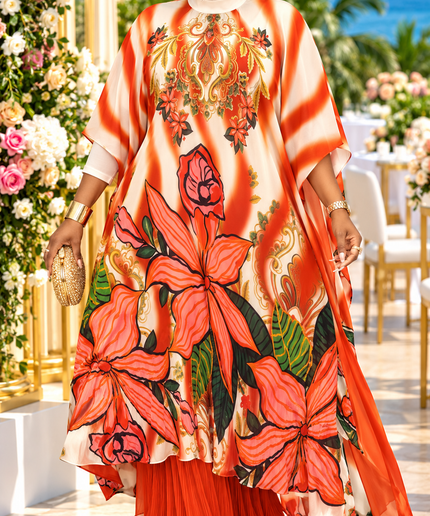 Vibrant Hibiscus Floral Plissé Pleated Kaftan Maxi Dress for Party Wedding Guest Dress Cocktail Reception Dinner Church Anniversary Outfit Bubu Plus Size