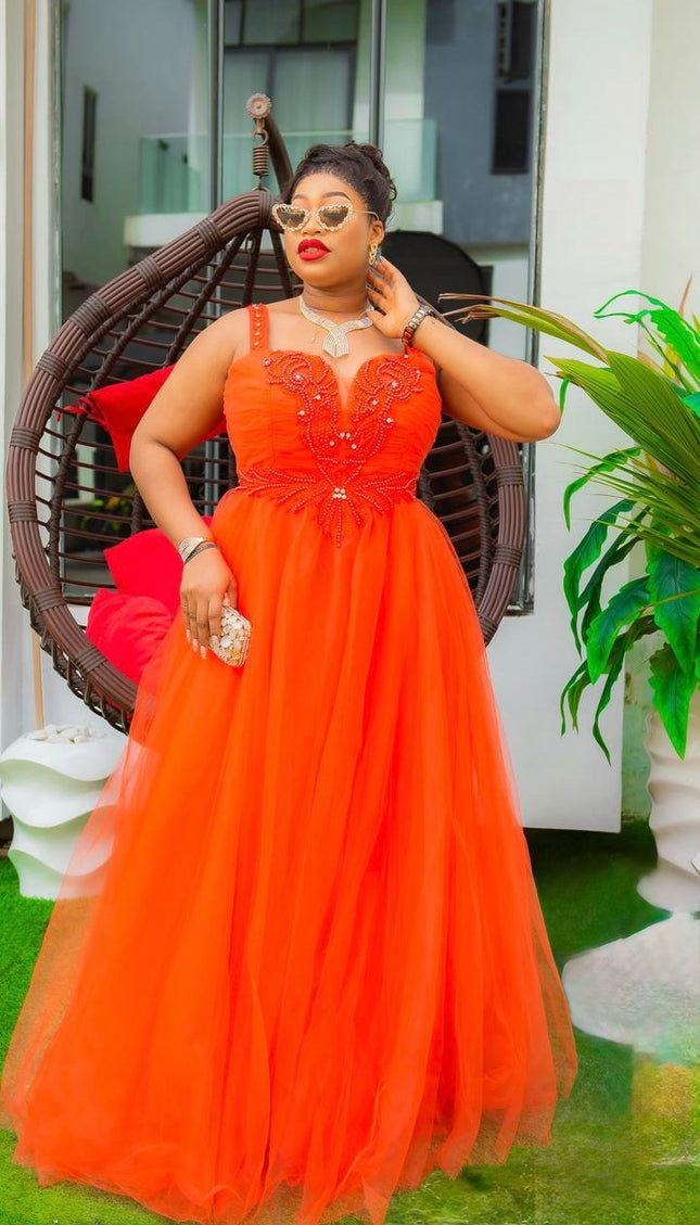 Spaghetti Strap Wedding Guest Dress Orange, Plus Size Mother of Bride A-Line Gown, Applique Embellished Bridal Reception Gown, Birthday Party Cocktail Anniversary Grad Gala Dinner