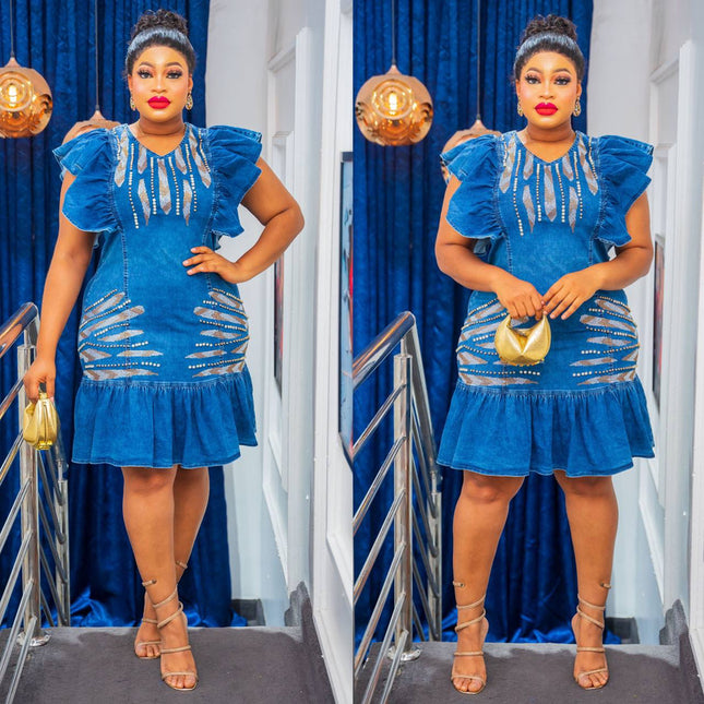 Blue Denim & Diamonds Ruffle Midi Jeans Dress