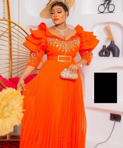 Ruffle Sleeve Embellished Pleated A-line Gown
