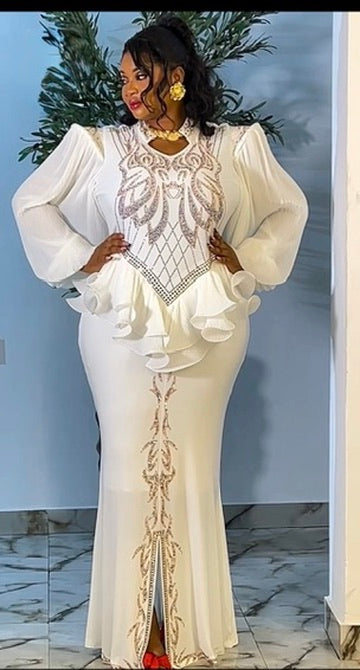 White Rhinestone Embellished Ruffle Peplum Maxi Dress Party Cocktail Birthday Wedding Guest Mother of The Bride