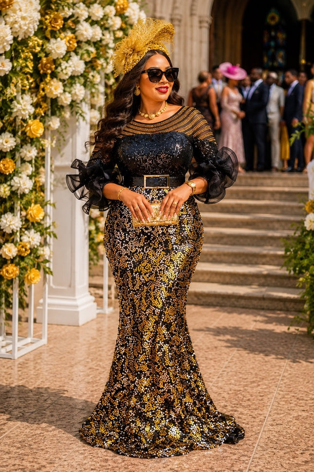 Black & Gold Sequin Ruffle Sleeve Maxi Dress for Mother of The Bride Wedding Guest Cocktail Reception Celebrant Birthday Party Plus Size