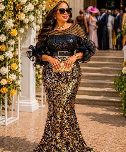 Black & Gold Sequin Ruffle Sleeve Maxi Dress for Mother of The Bride Wedding Guest Cocktail Reception Celebrant Birthday Party Plus Size
