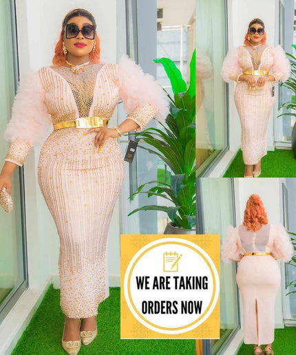 Embellished Ruffle Dramatic Sleeves Maxi Dress
