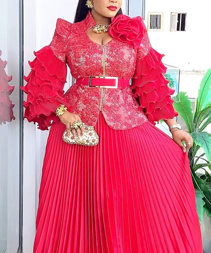 Ruffle Sleeve Pleated A-Line Gown | Mother of The Bride Wedding Guest Birthday Party