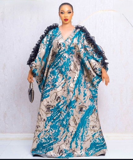Metallic Blue Brocade Ruffle Sleeve Kaftan Maxi Dress, African Bubu Wedding Guest Attire Engagement Ceremony Birthday Dinner