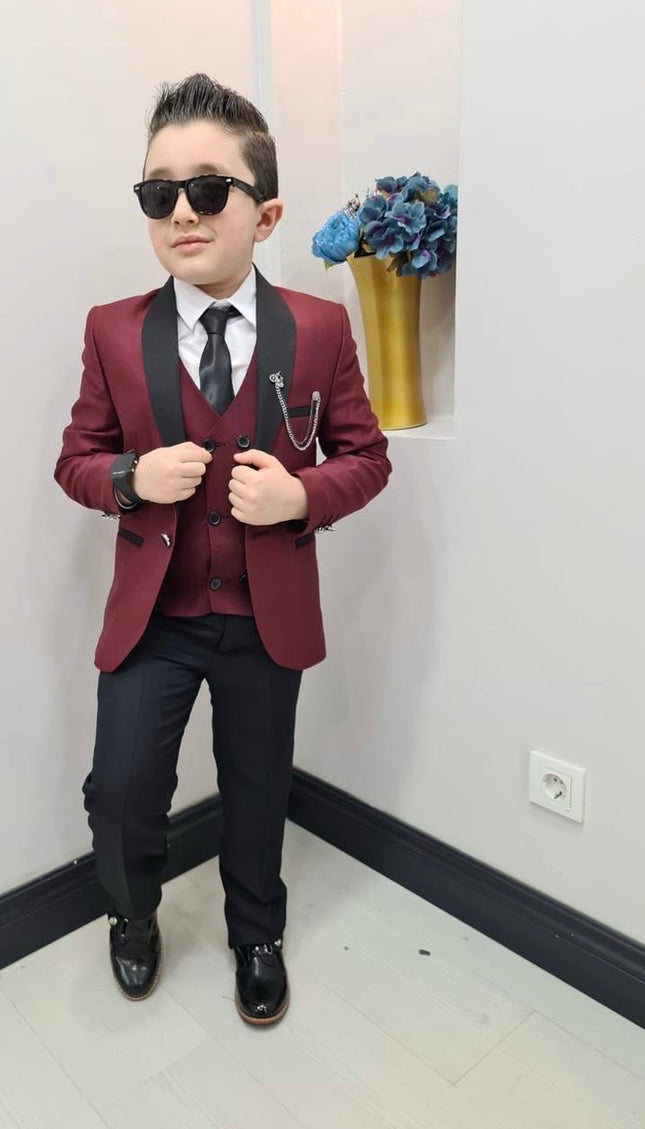 BOYS' Tuxedo Suit 6 Piece Jacket Vest Shirt Pants Tie Chain Lapel