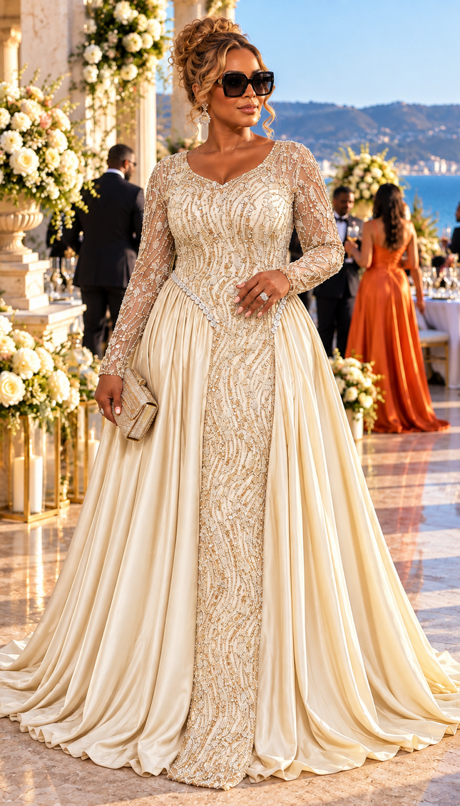 "Watch Me Walk In" Beige Sequin Beaded Draped Maxi Dress Wedding Guest Mother of The Bride Cocktail Reception Celebrant Birthday Party Formal Evening Gown Plus Size