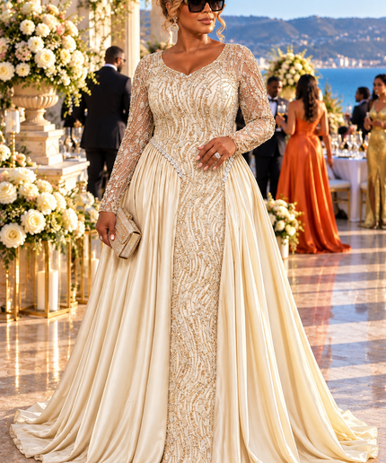 "Watch Me Walk In" Beige Sequin Beaded Draped Maxi Dress Wedding Guest Mother of The Bride Cocktail Reception Celebrant Birthday Party Formal Evening Gown Plus Size