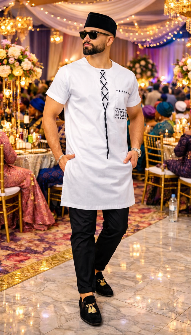 White Short Sleeve Embroidered Cotton Shirt & Pants: African Wedding Attire Groom Groomsmen Aso Ebi Birthday Party Outfit