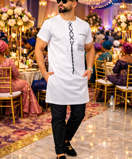 White Short Sleeve Embroidered Cotton Shirt & Pants: African Wedding Attire Groom Groomsmen Aso Ebi Birthday Party Outfit